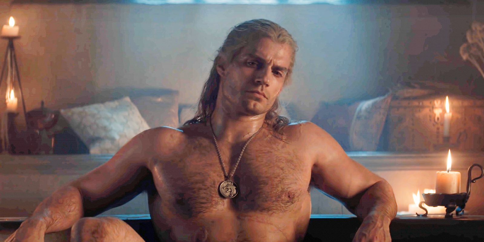 Henry Cavill as Geralt in a bath in The Witcher