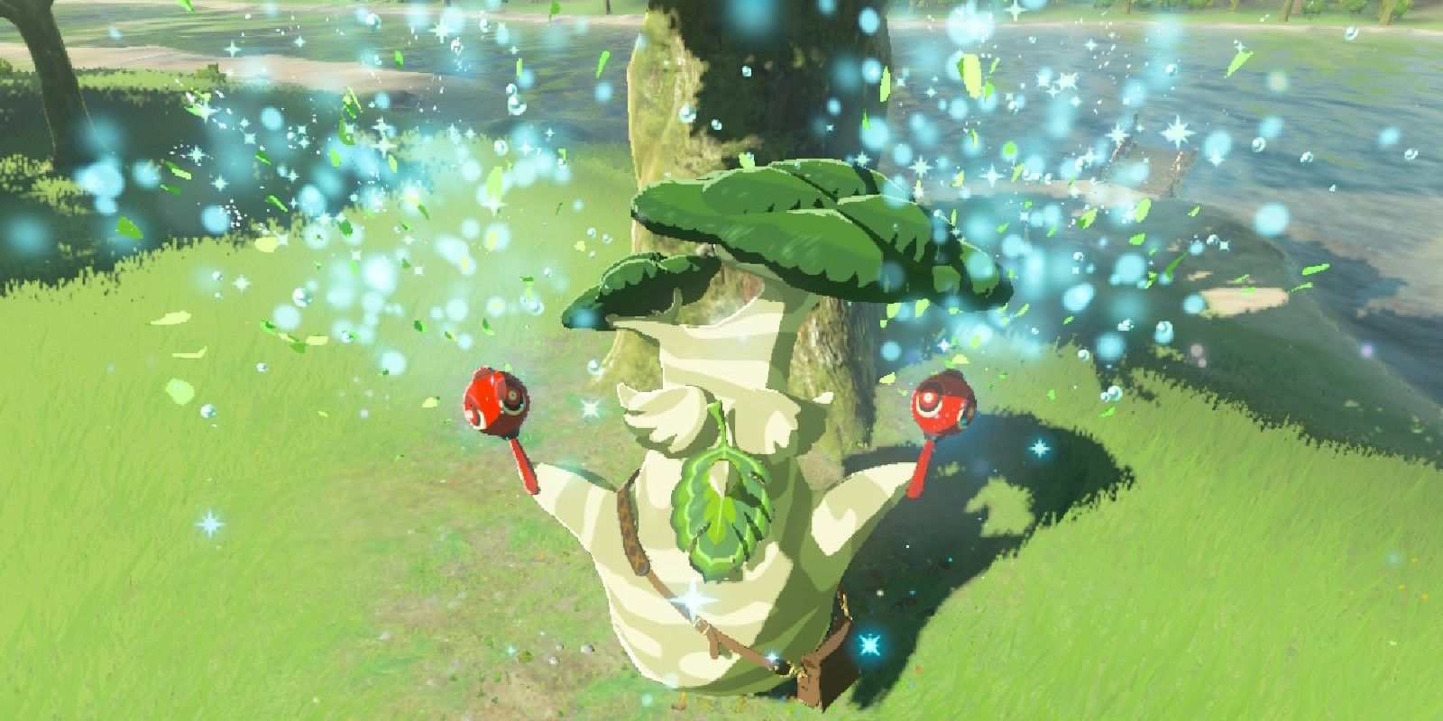 Hestu, a very large Korok - a wooden, leafy creature - performing his dance in Breath of the Wild, holding up a maraca in each hand with blue sparks flying out of their ends.