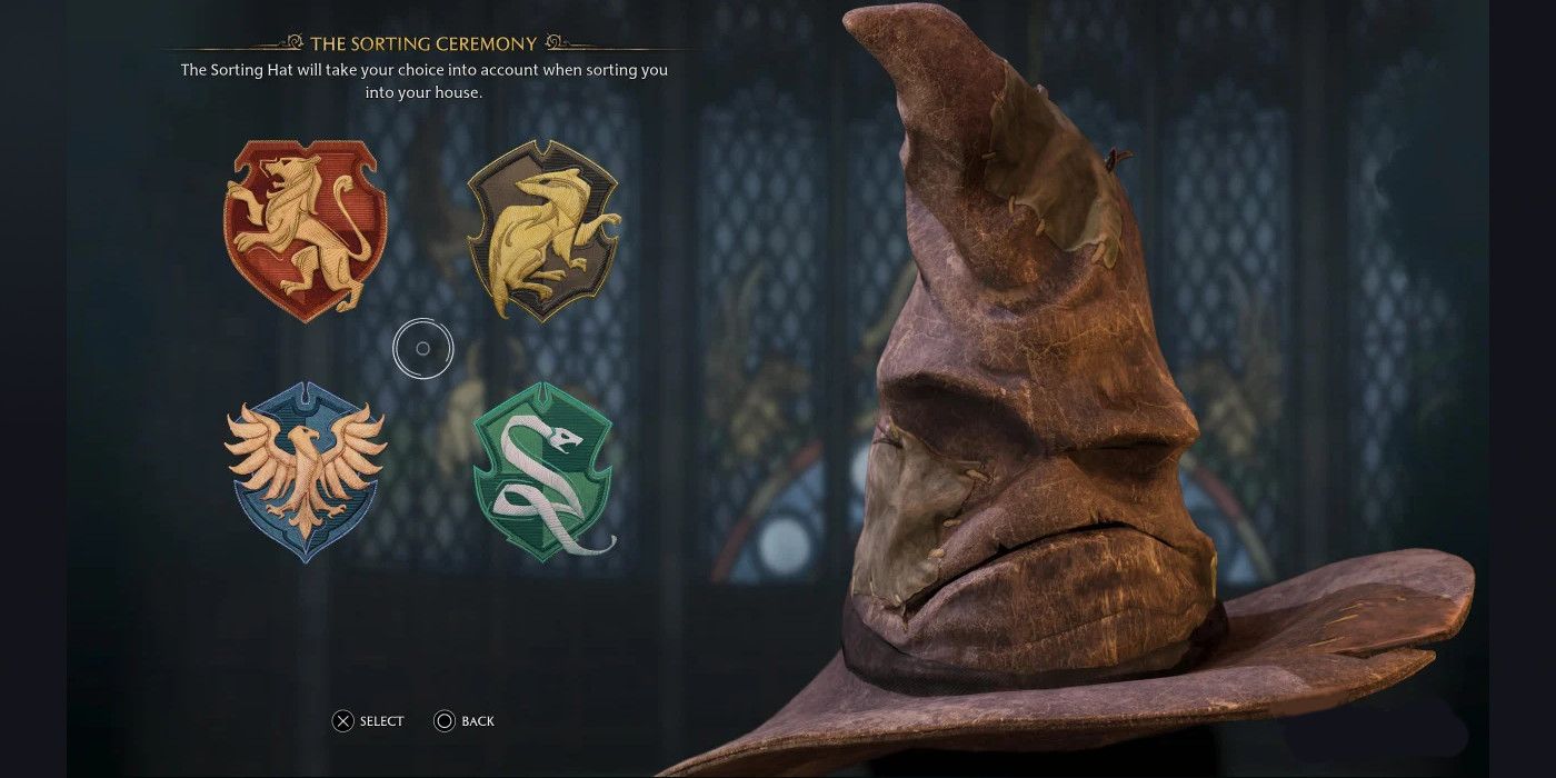 The Sorting Hat from Hogwarts Legacy sits beside the four House Crests of the Harry Potter franchise: Gryffindor, Hufflepuff, Ravenclaw and Slytherin.