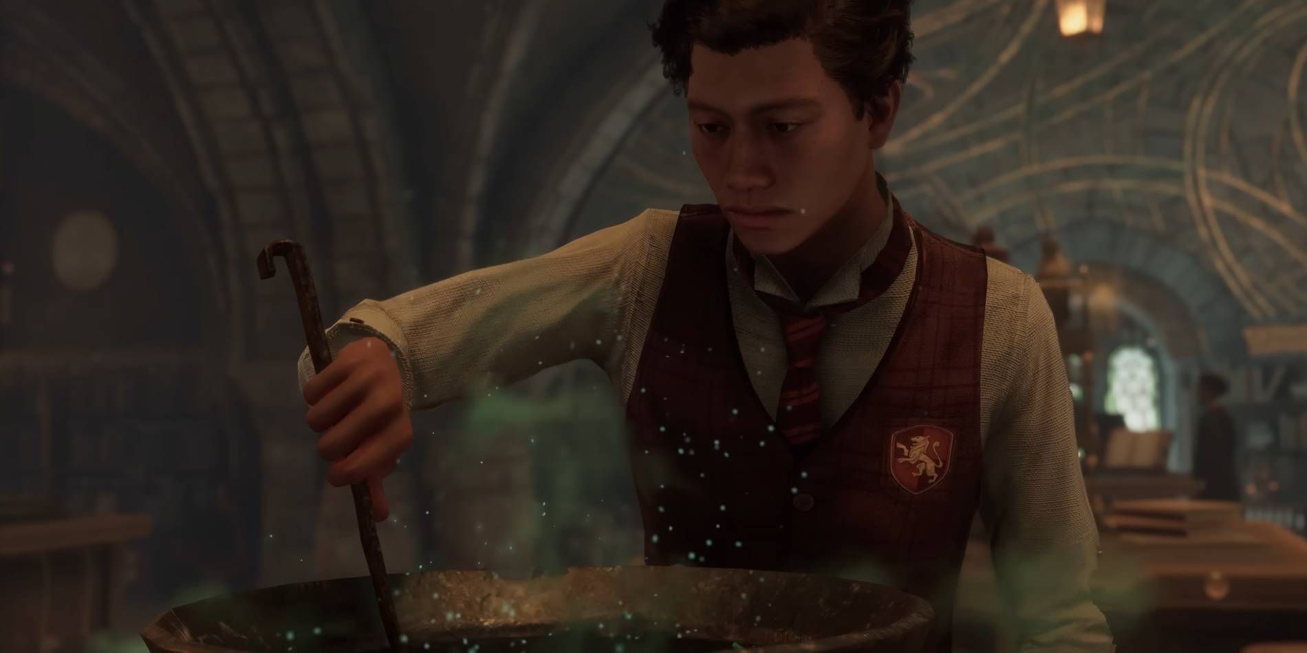 Hogwarts Legacy Student Brewing Potion in Room of Requirement Using Potion Station