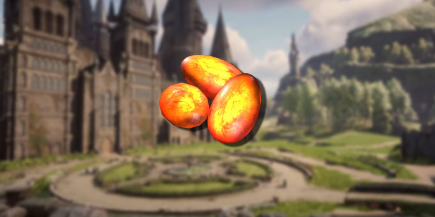 Hogwarts Legacy Ashwinder Eggs with blurred castle in background