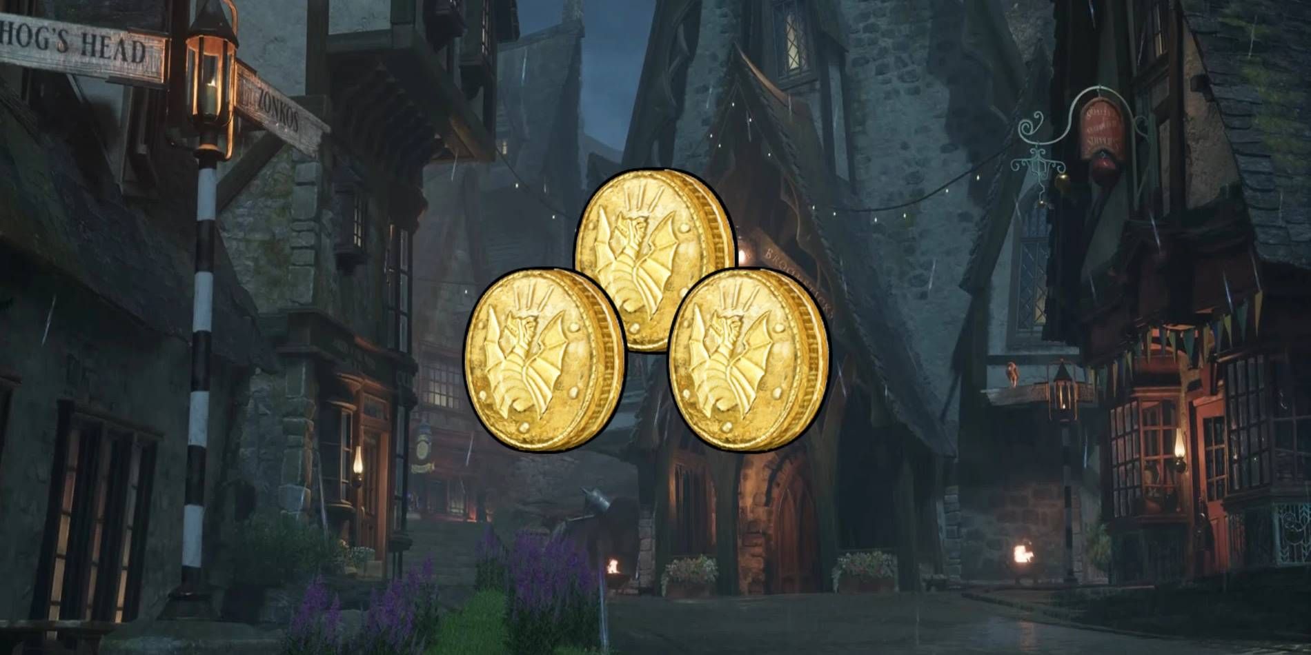 Poudlard Legacy Gallions (monnaie du jeu) sur fond de Hogsmeade, où les joueurs peuvent utiliser Glitch pour gagner de l'argent rapidement