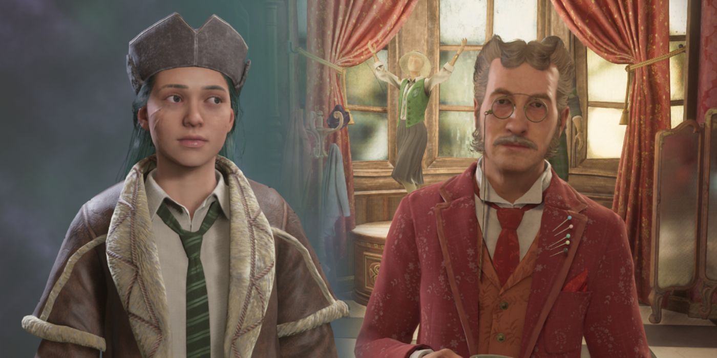 A player character wearing a brown fur coat and the Dark Garrison hat next to Augustus Hill from Hogwarts Legacy.