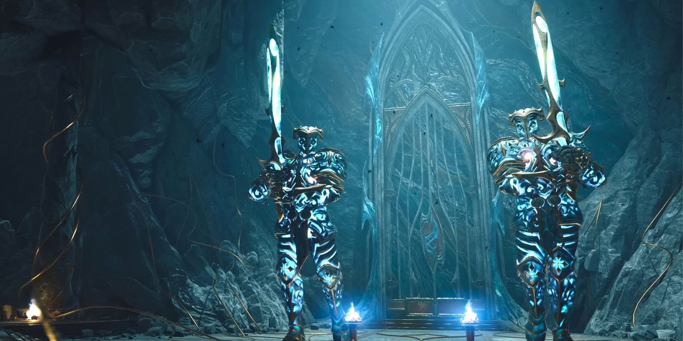 Two Pensieve Guardians walking towards the camera with their swords raised in Hogwarts Legacy.