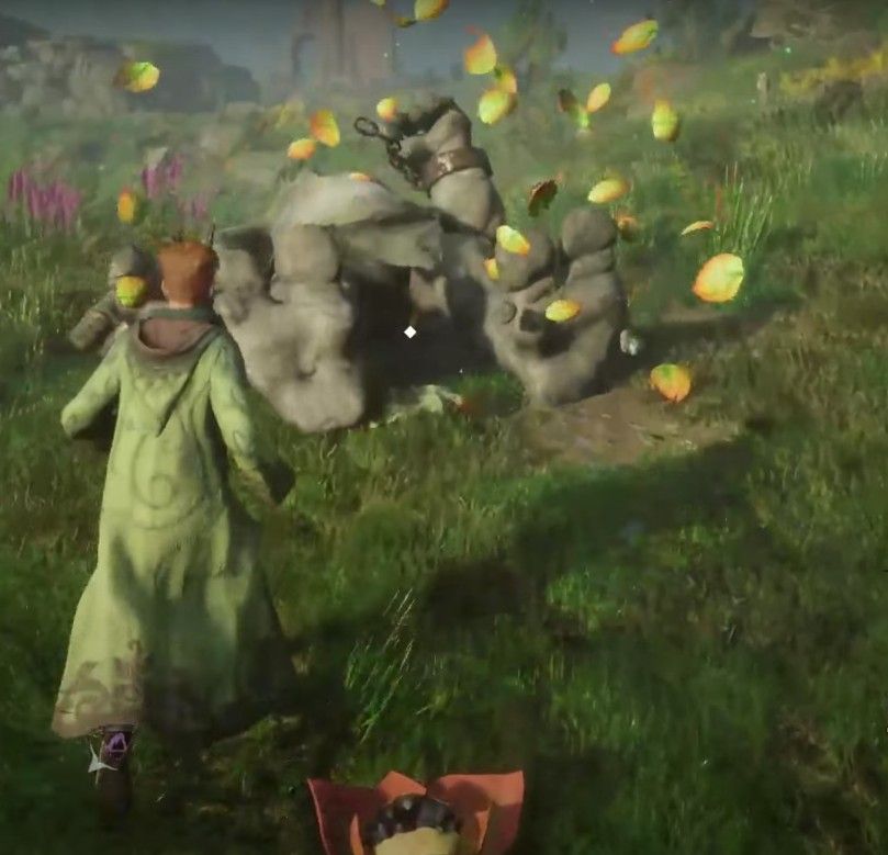 Hogwarts Legacy troll being taken down by several Chinese Chomping Cabbages.