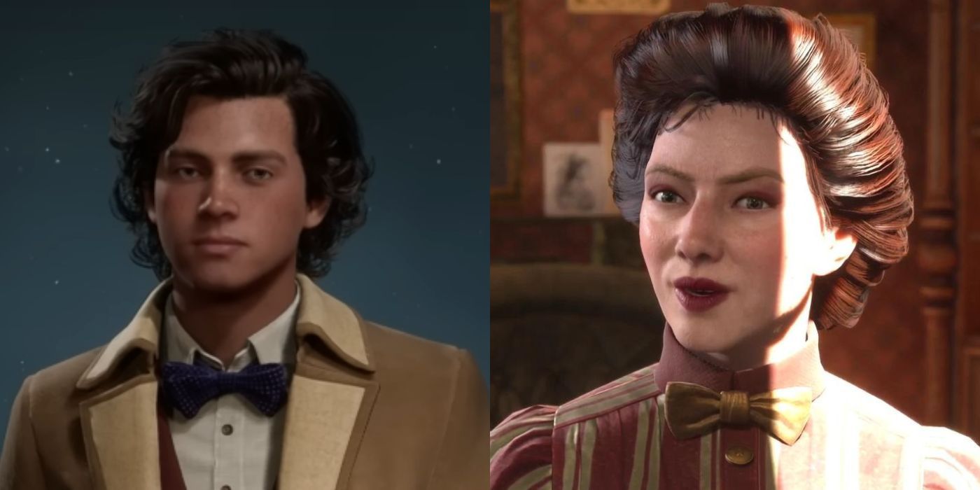 One of Hogwarts Legacy's default male-presenting characters on the right, and Madam Snelling on the right.