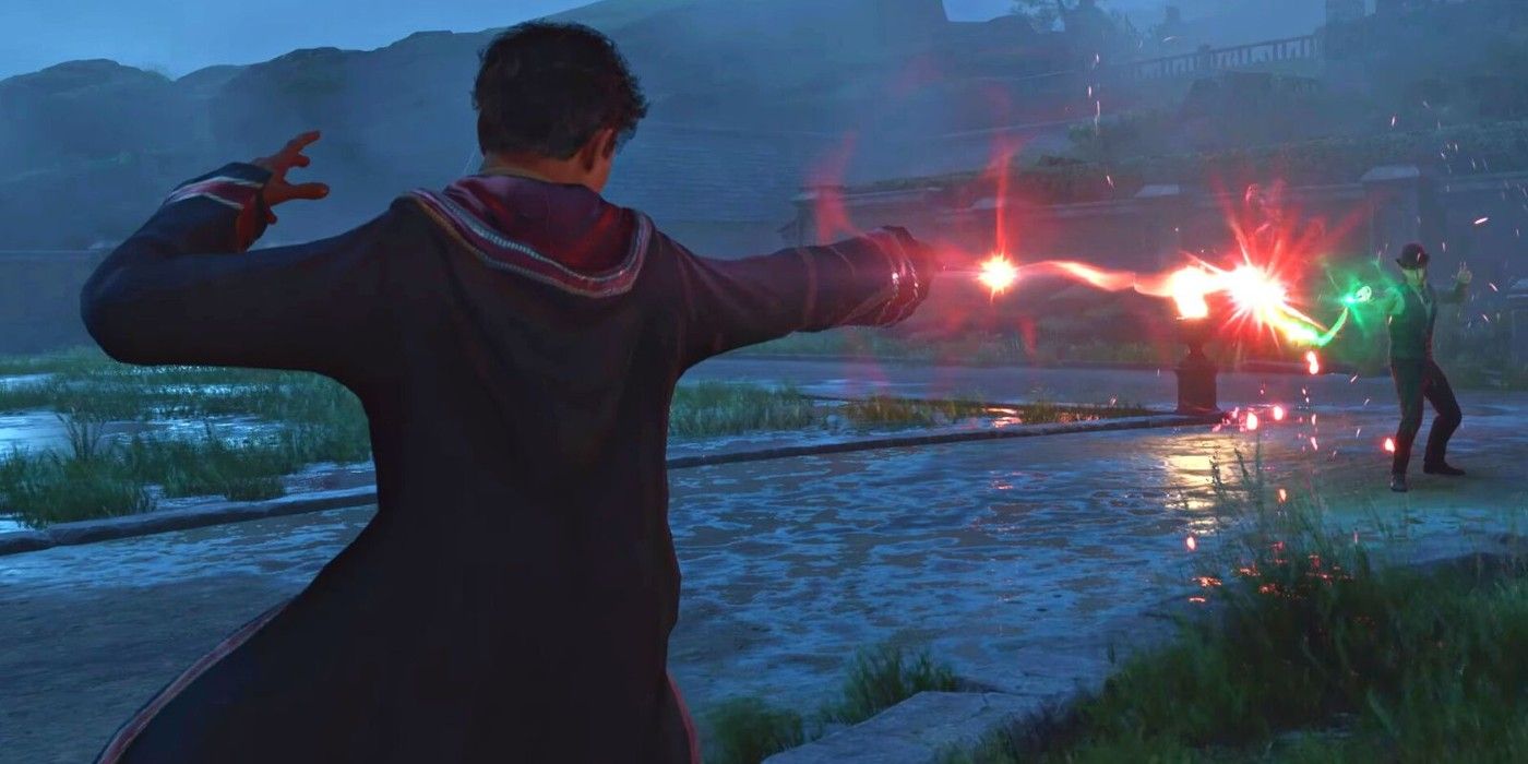 Hogwarts Legacy Fight with two wizards casting red and green beams at each other.