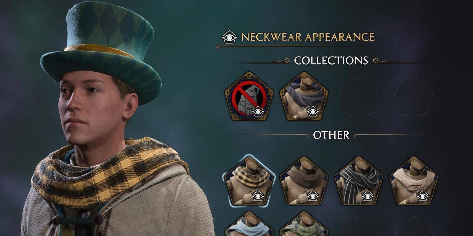 Hogwarts Legacy Gear Items and Neckwear Appearance Options with Character wearing Hufflepuff Scarf and Green/Gold Tophat
