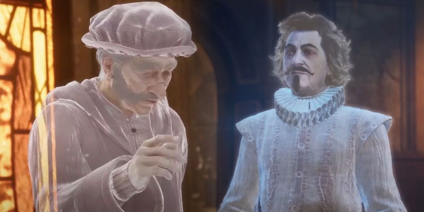 Images of Professor Binns and Nearly Headless Nick in their ghost forms in Hogwarts Legacy.