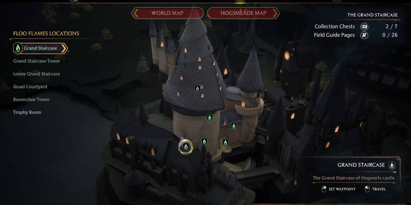 Hogwarts Legacy The Grand Staircase Map Location with Collectibles Indicated as well as Floo Flame Fast Travel Spots