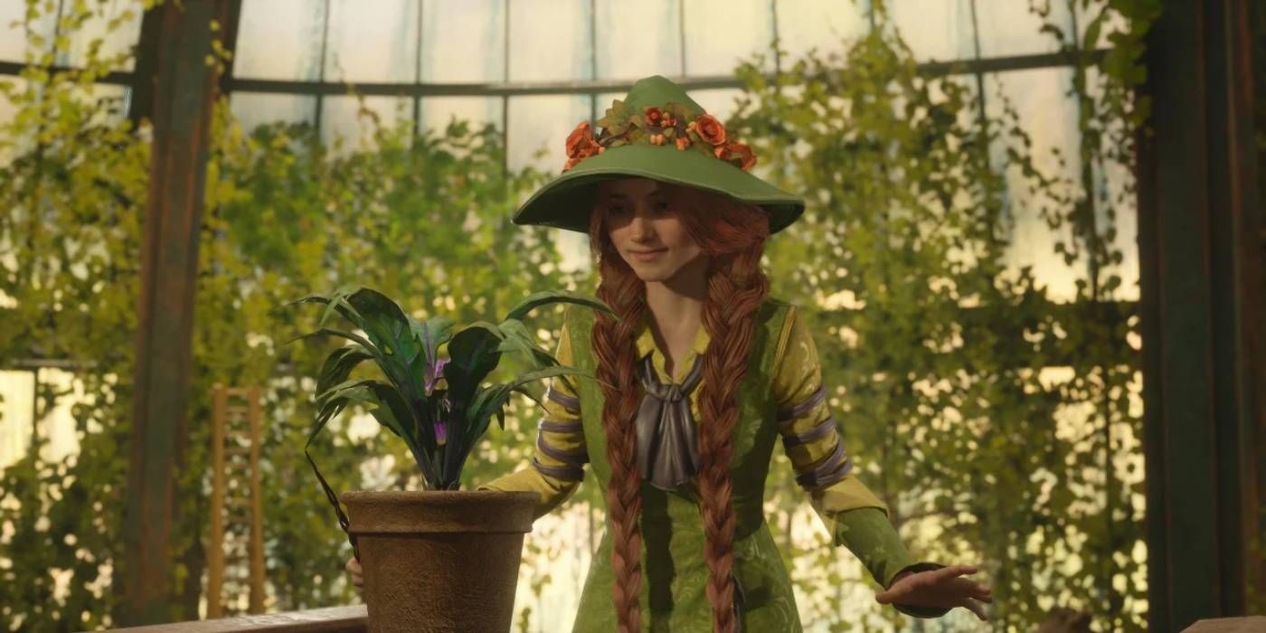 Hogwarts Legacy's Herbology Professor, Mirabel Garlick, looking at a plant.