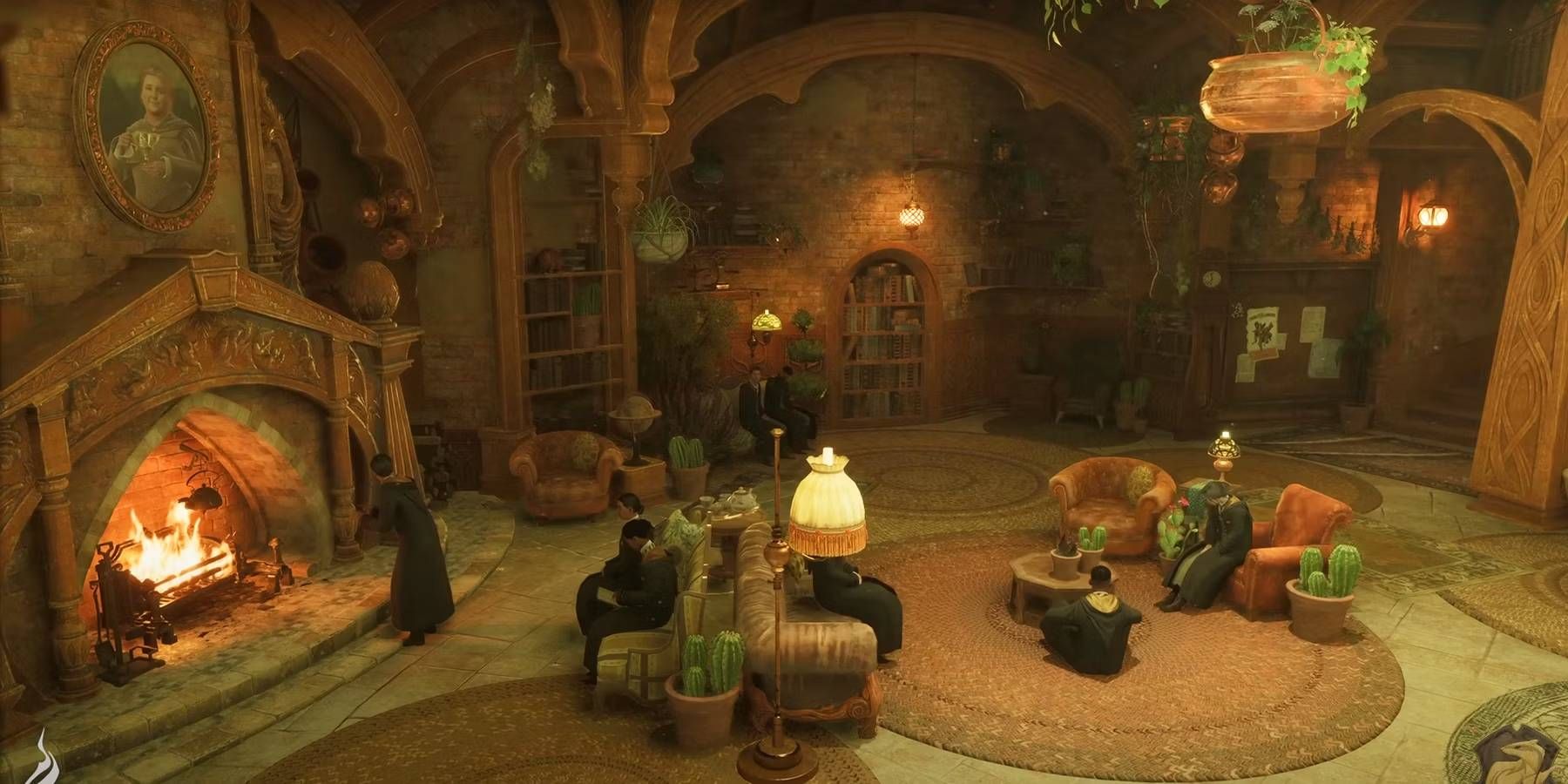 Hogwarts Legacy Hufflepuff Common Room with Multiple Students Hanging Out near Fireplace and General Dormitory Space