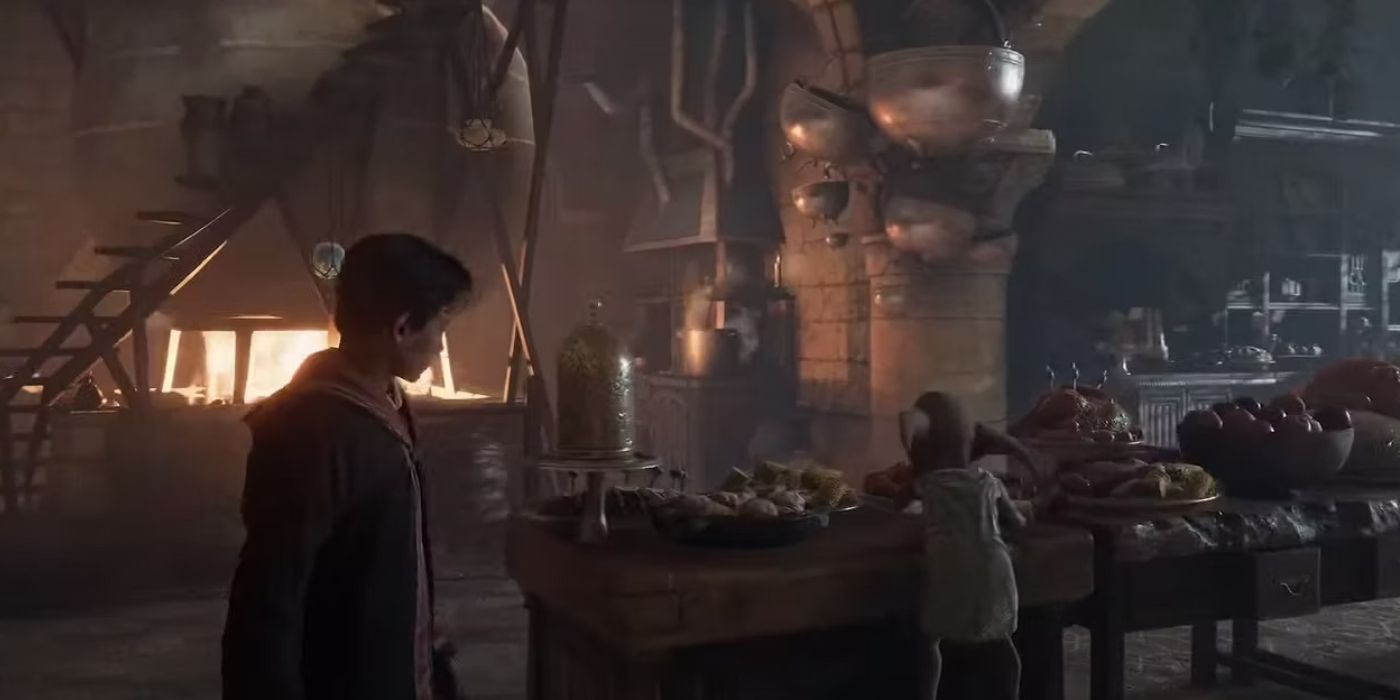 A male Gryffindor student in Hogwarts Legacy's kicthens, with a House Elf preparing food behind him.