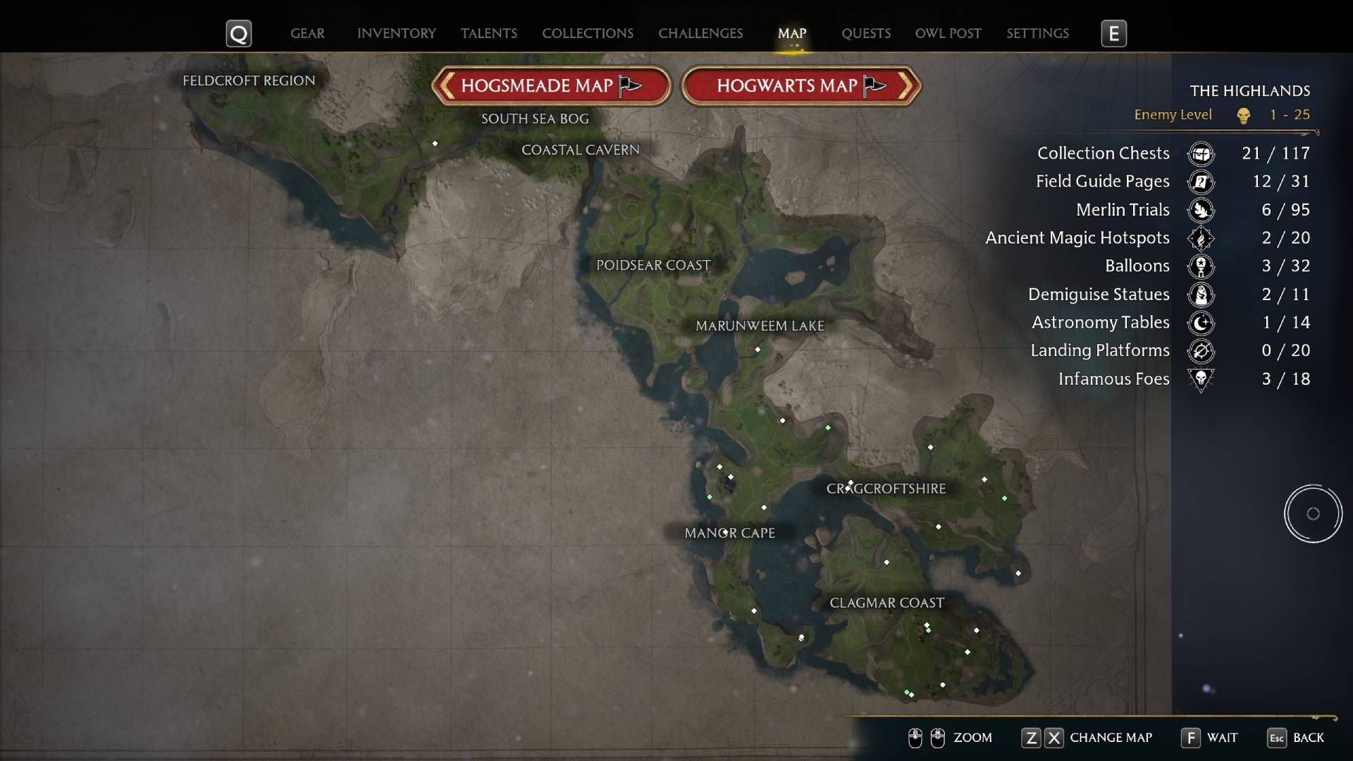 Uma captura de tela do mapa do jogo de Hogwarts Legacy, mostrando as regiões ao sul do Castelo de Hogwarts, incluindo Poidsear Coast e Manor Cape.