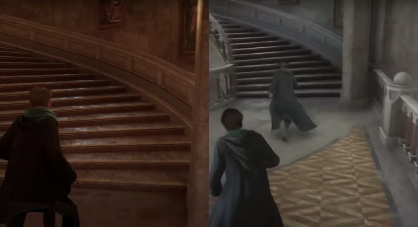 Hogwarts Legacy Multiplayer tela de dois jogadores subindo as escadas juntos.