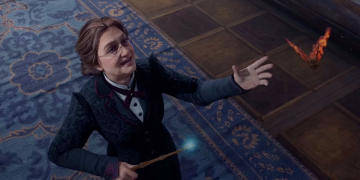 An image of Professor Weasley holding out her hand to a butterfly in the air as her wand glows blue.