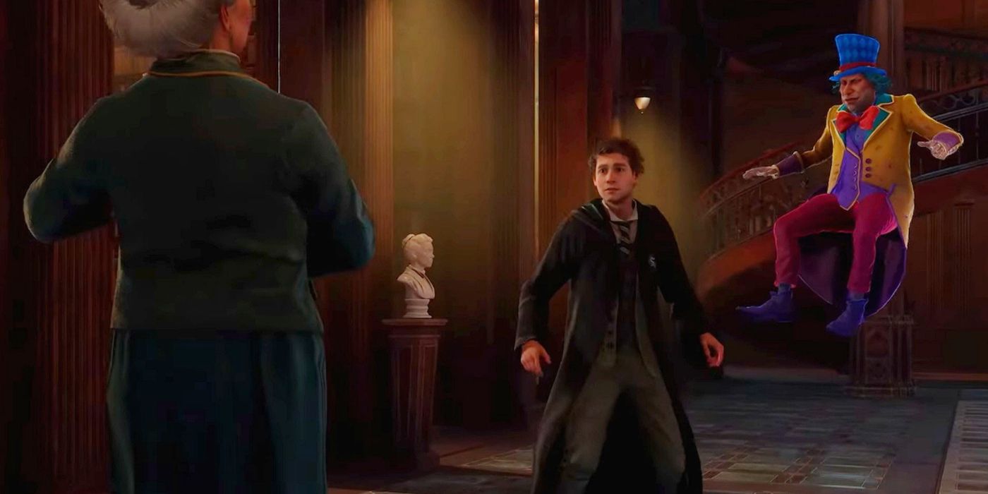 Peeves floating behind Sebastian Sallow, being confronted by a professor in Hogwarts Legacy.