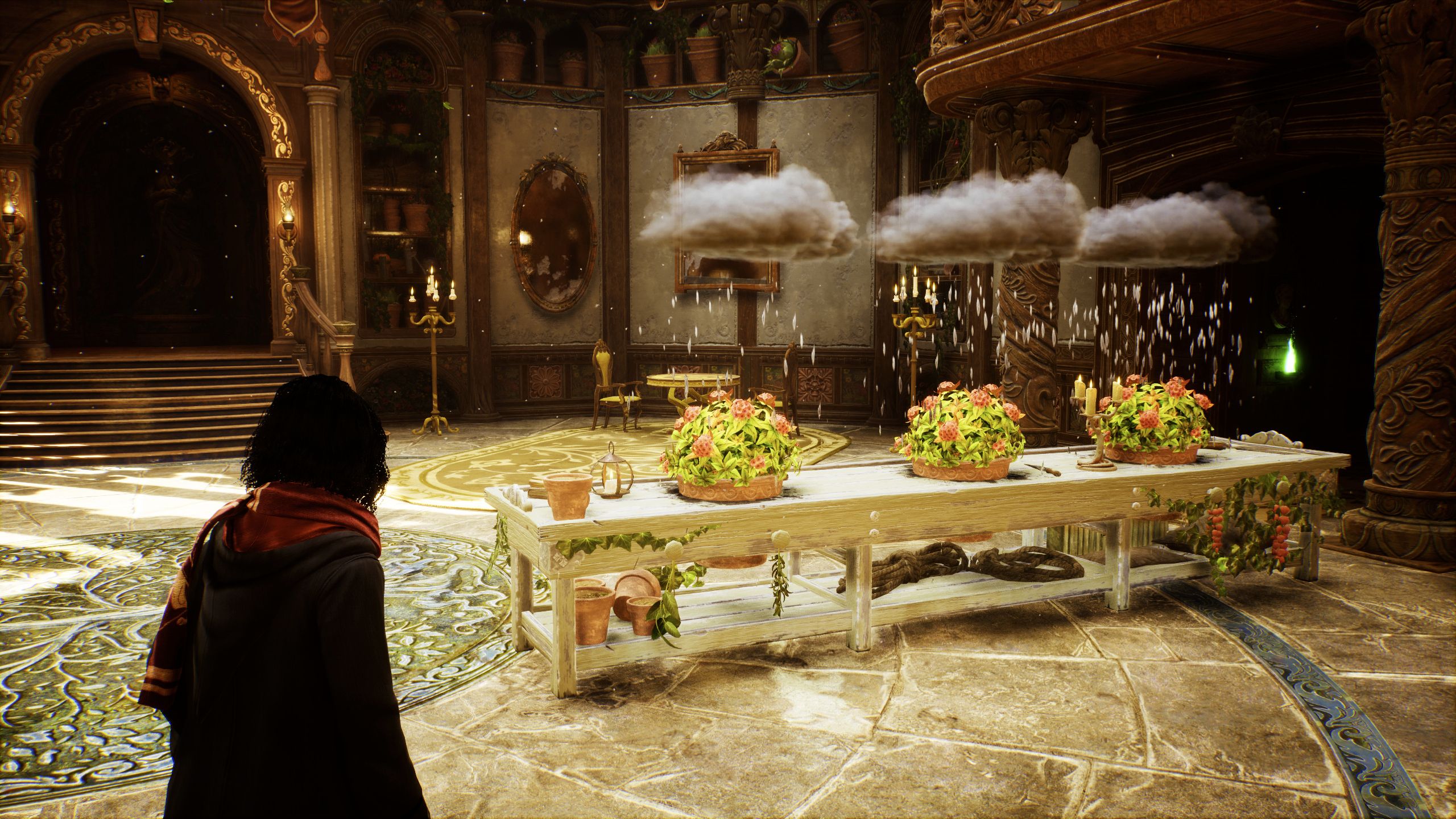 Hogwarts Legacy Player Looking At Mallowsweet Plants Being Watered By Magic Clouds
