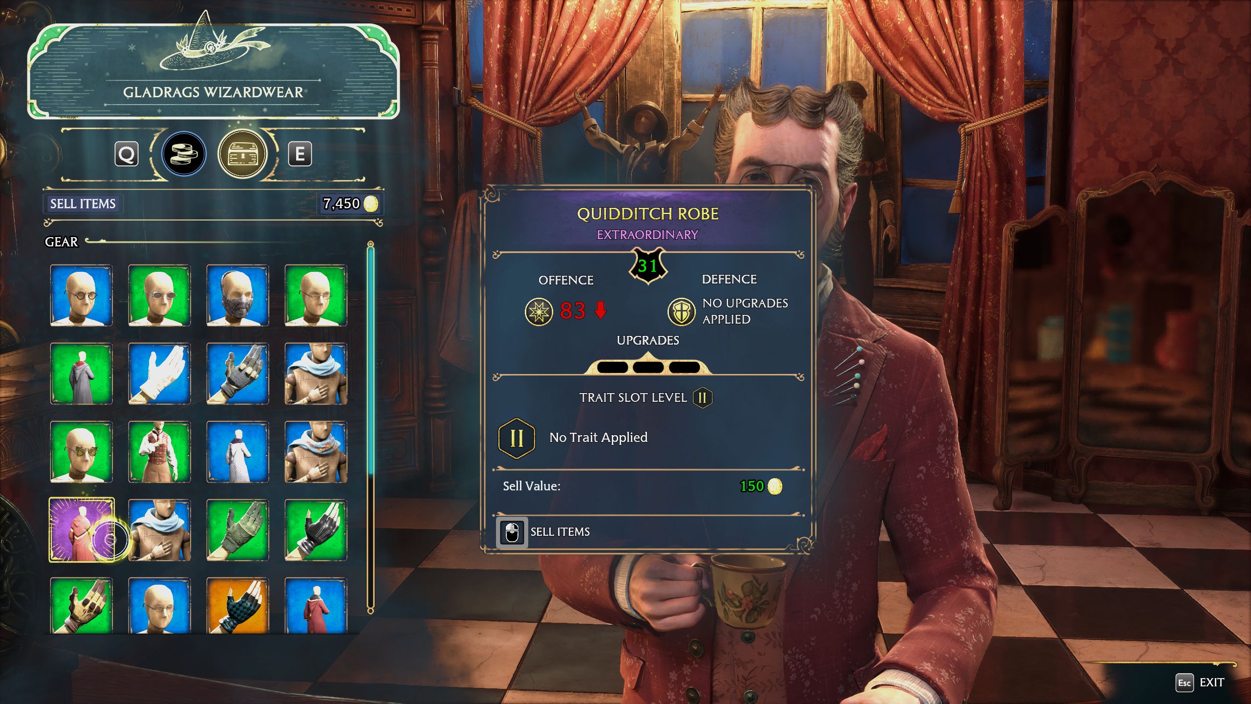 Hogwarts Legacy Player Selling Gear Items To Gladrags Wizardwear For Galleons