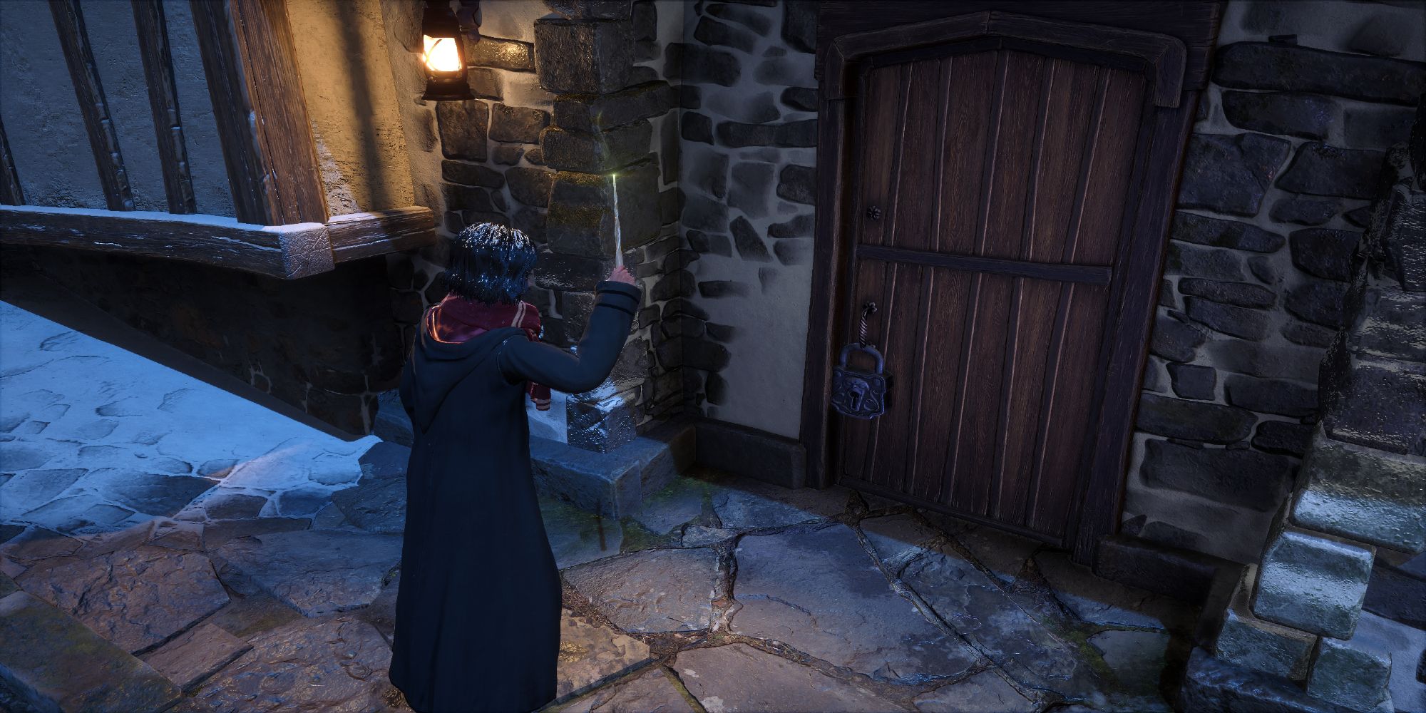 Hogwarts Legacy Player Using Alohomora Unlocking Charm On Hogsmeade Door Lock