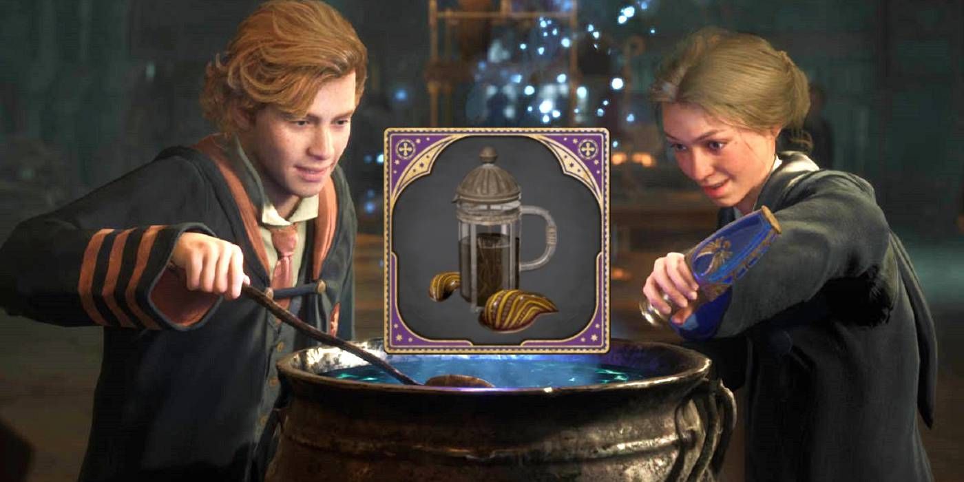 Hogwarts Legacy Leech Juice Potion Ingredient with Two Students Happily Brewing Potion in Background