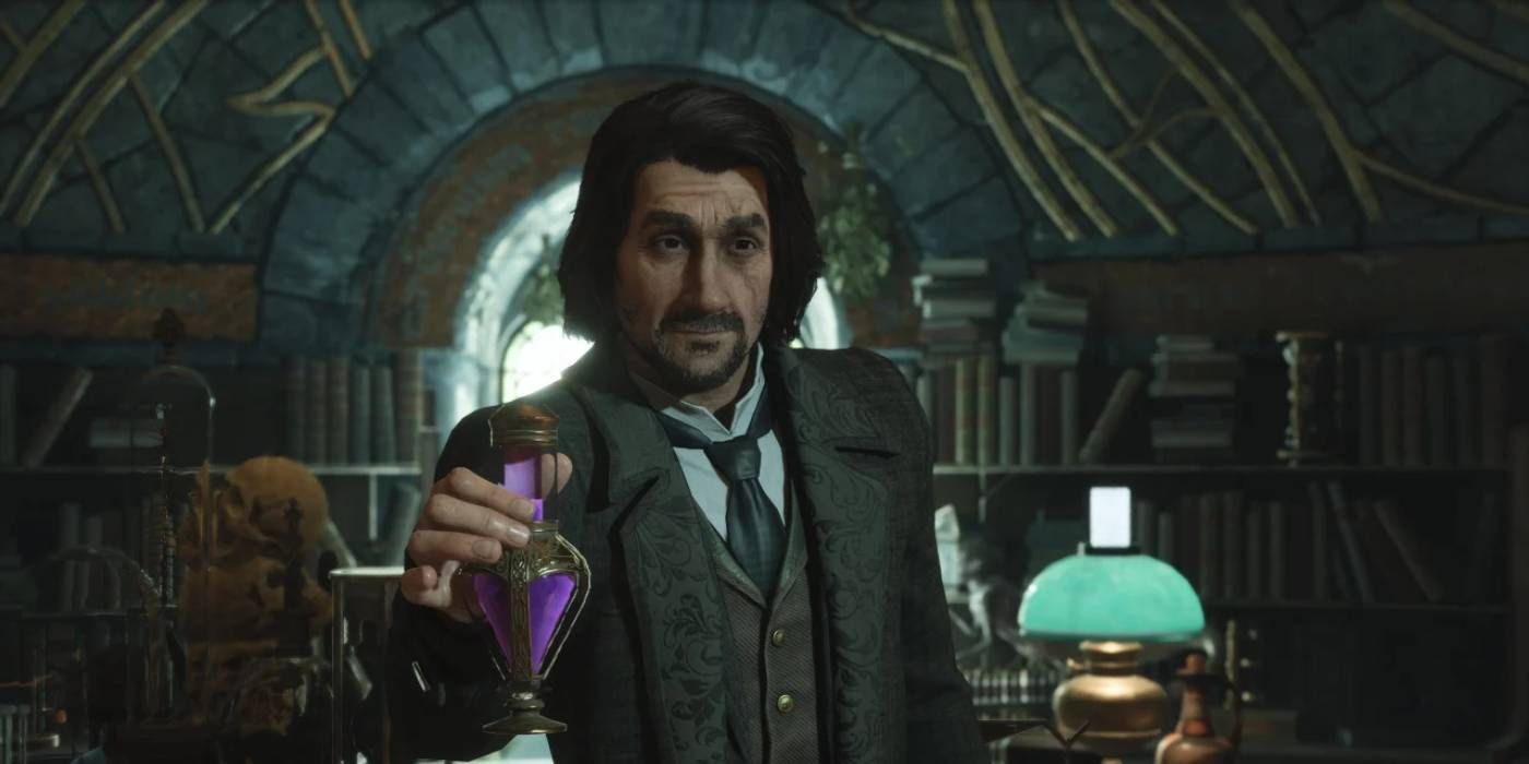 Hogwarts Legacy's Professor Sharp holding up a potion bottle filled with a purple liquid.