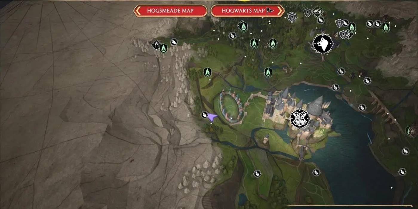 Legado de Hogwarts Mapa de Hogwarts com o jogador viajando para regiões montanhosas para coletar o ingrediente da poção Ashwinder Eggs