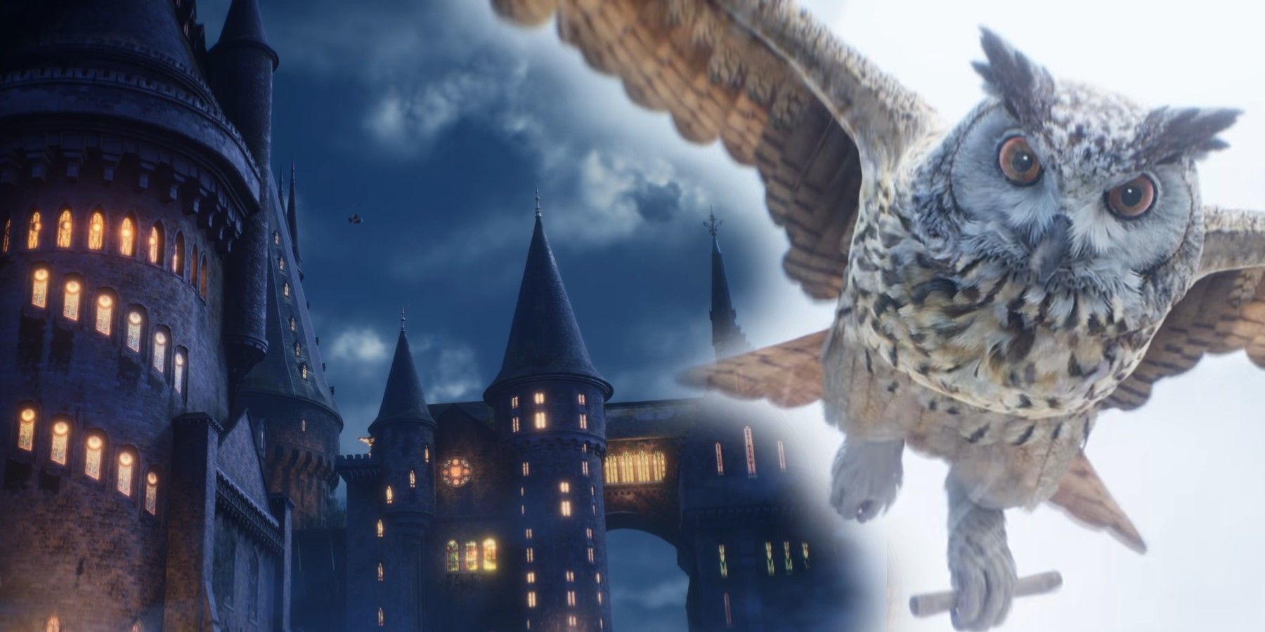 Hogwarts Legacy: Hogwarts Castle at night with a large, superimposed owl flying nearby.