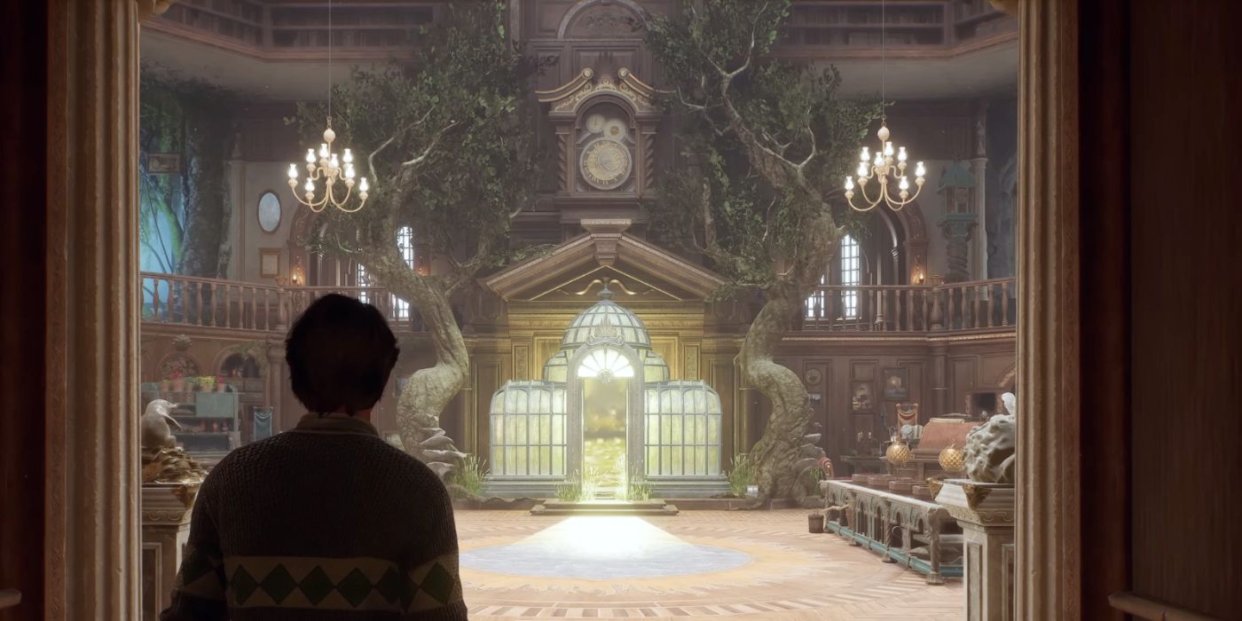 Um jogador olhando para uma Sala Precisa mal iluminada no Legado de Hogwarts.