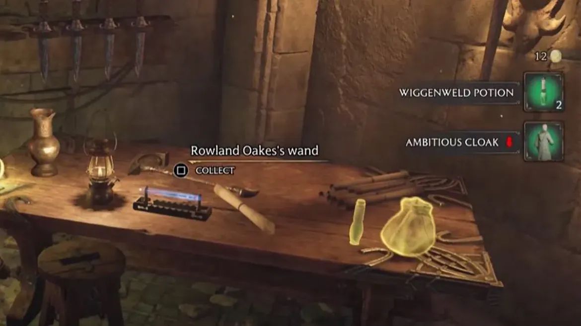 Rowland Oake's wand placed on a table in Hogwarts Legacy