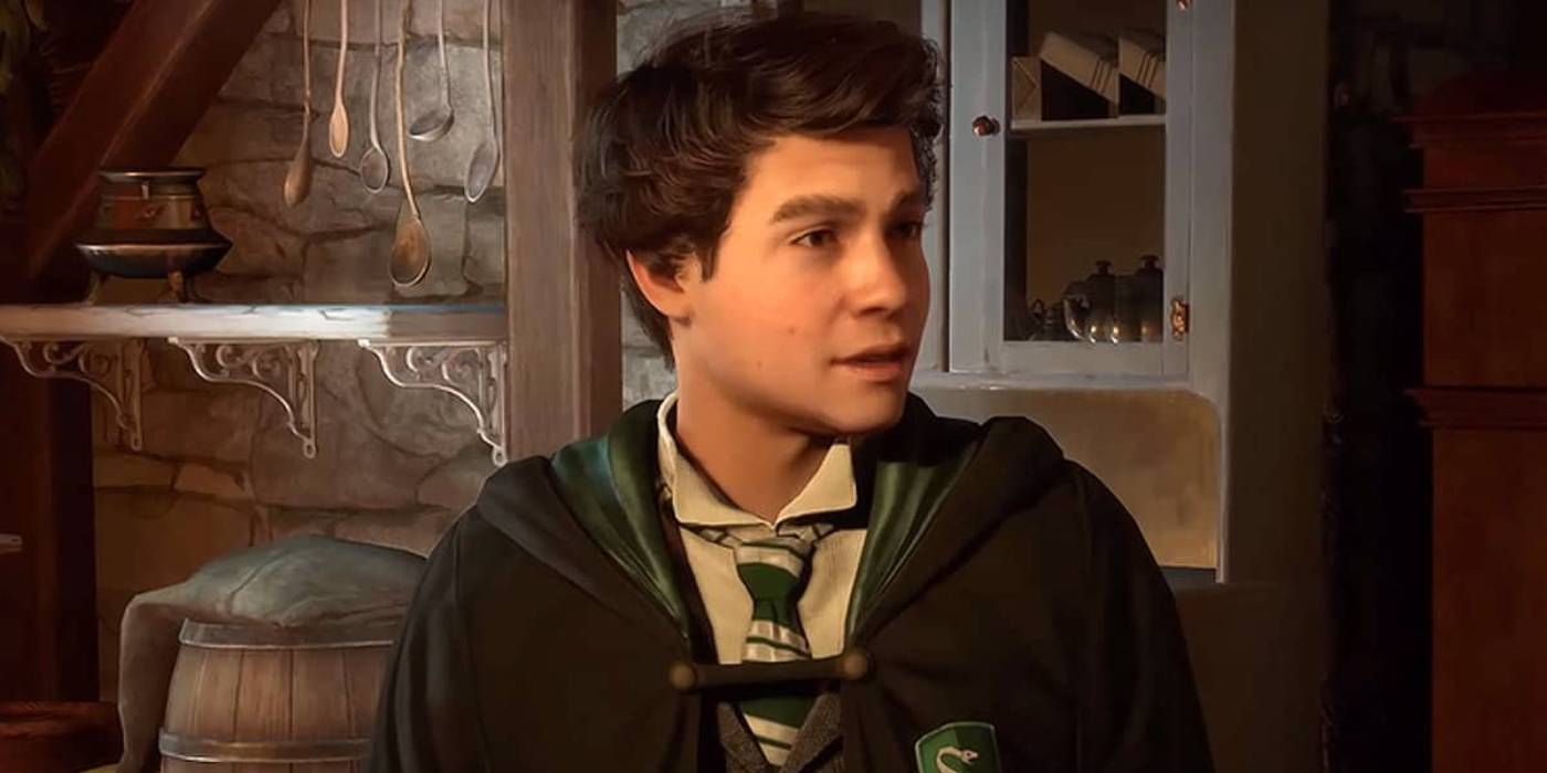 Close-up of Sebastian Sallow, a Slytherin student at Hogwarts Legacy, wearing his school clothes and looking to his left.