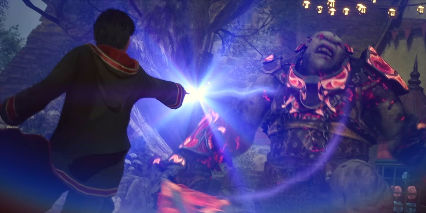 Uma imagem do jogador lançando um feitiço no Armored Troll em Hogsmeade em Hogwarts Legacy.