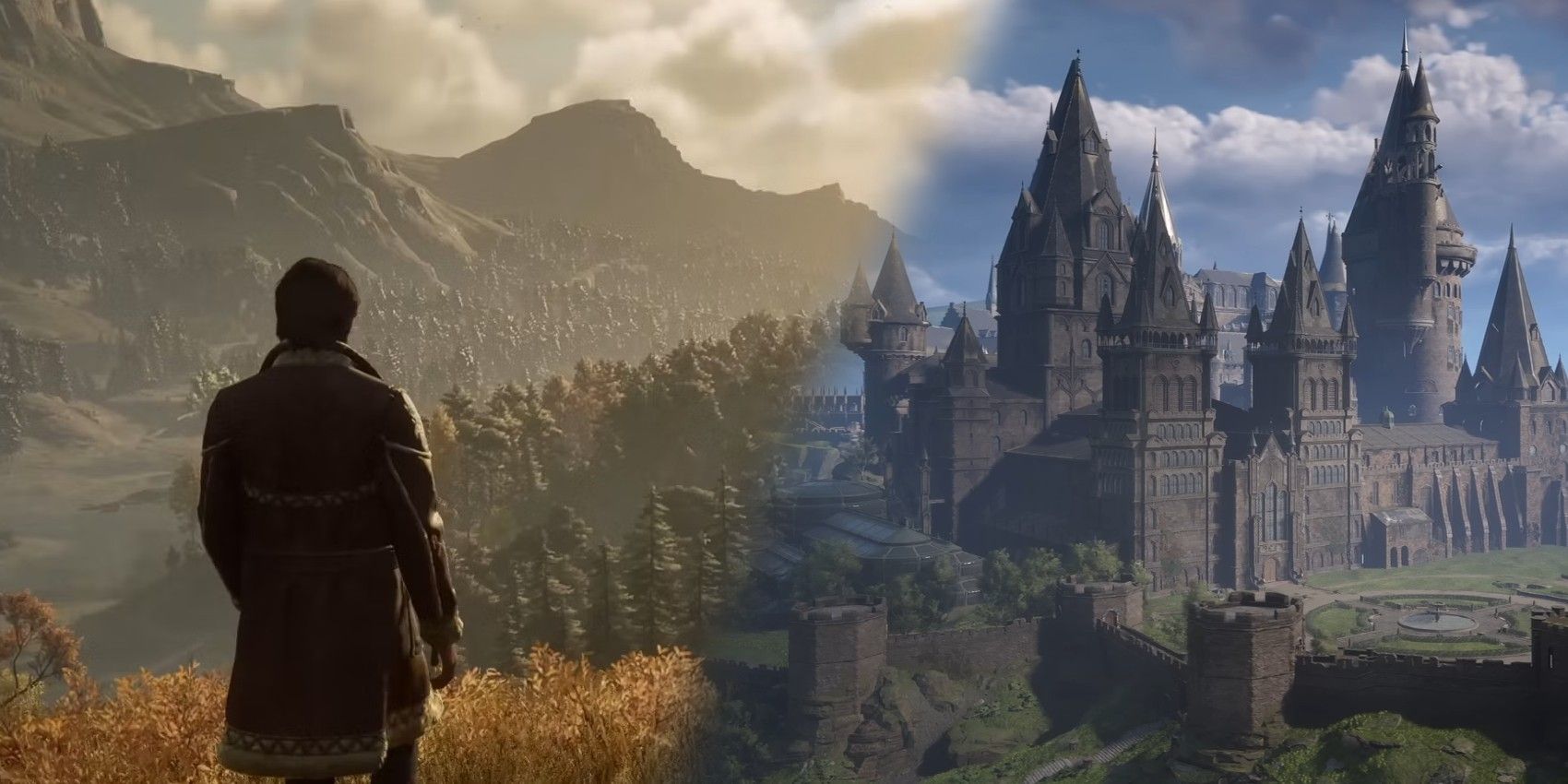 Edición de Hogwarts Legacy de dos imágenes, una del Castillo y otra de un personaje con vistas a un bosque.