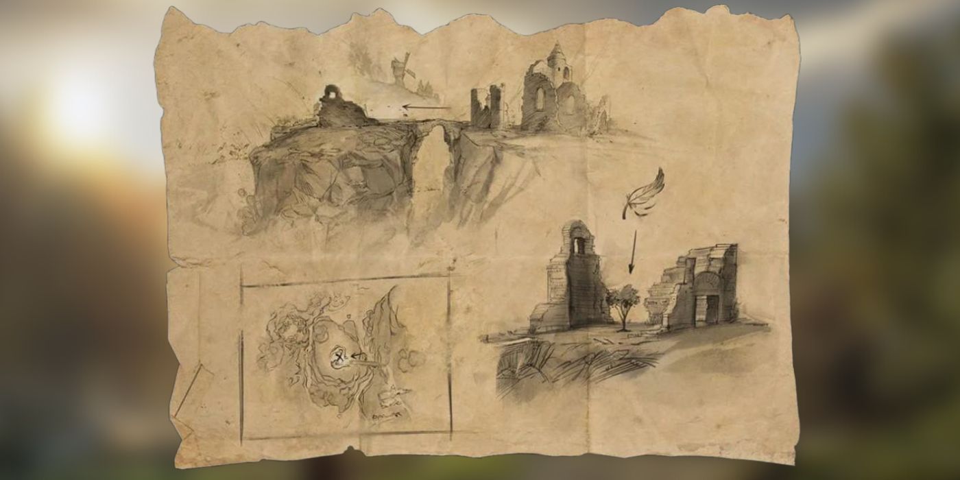 A rendered image of the map provided for the Well, Well, Well quest, with sketches detailing the quest's location vaguely.