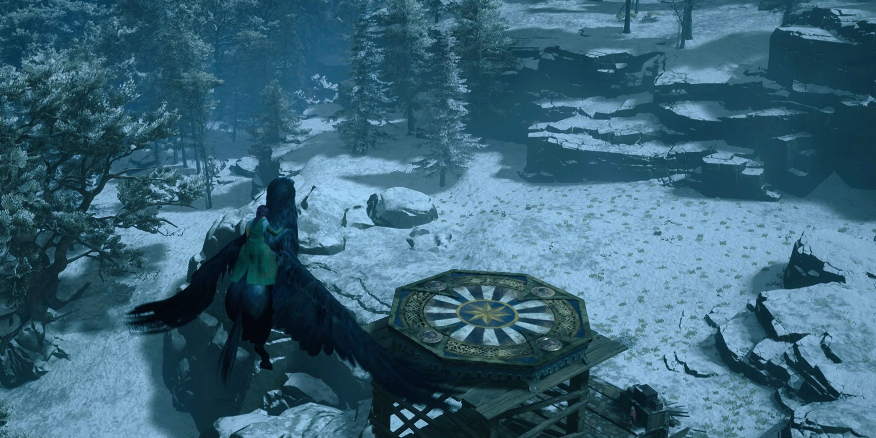 A Hippogriff approaching a Landing Platform in Hogwarts Legacy