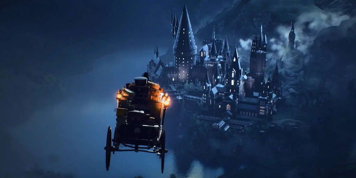castelo de hogwarts ao fundo com carruagem cheia de baús em primeiro plano