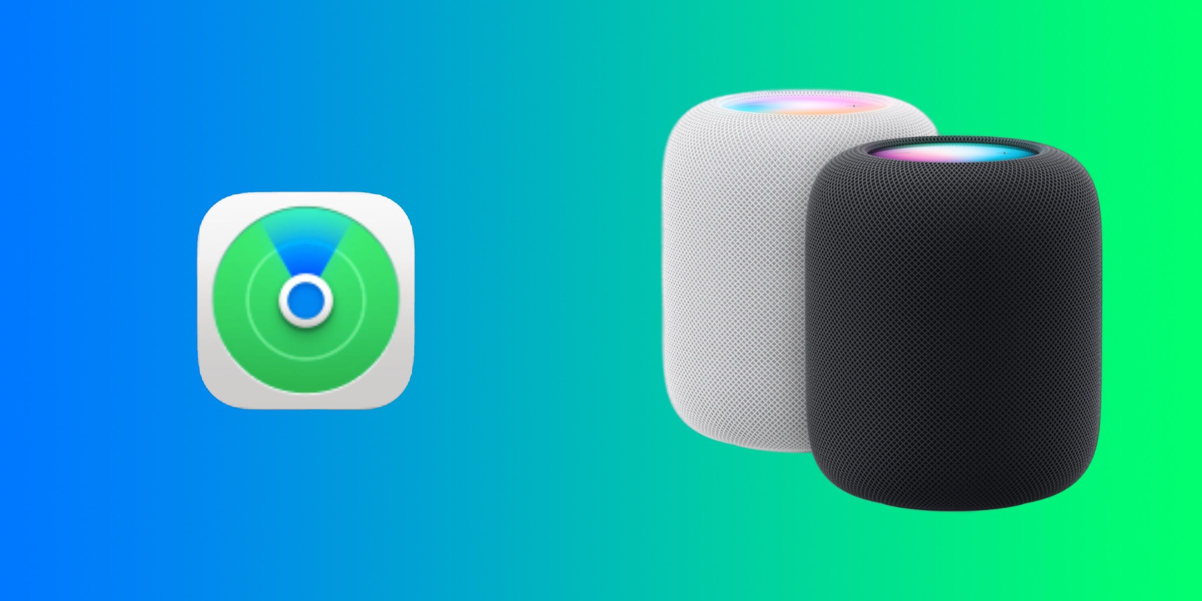 Apple's Find My logo beside a pair of second-generation HomePods.