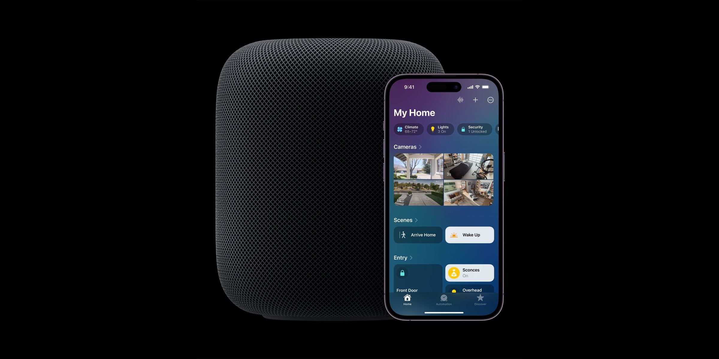 A second-generation HomePod beside an iPhone with the Home App opened.