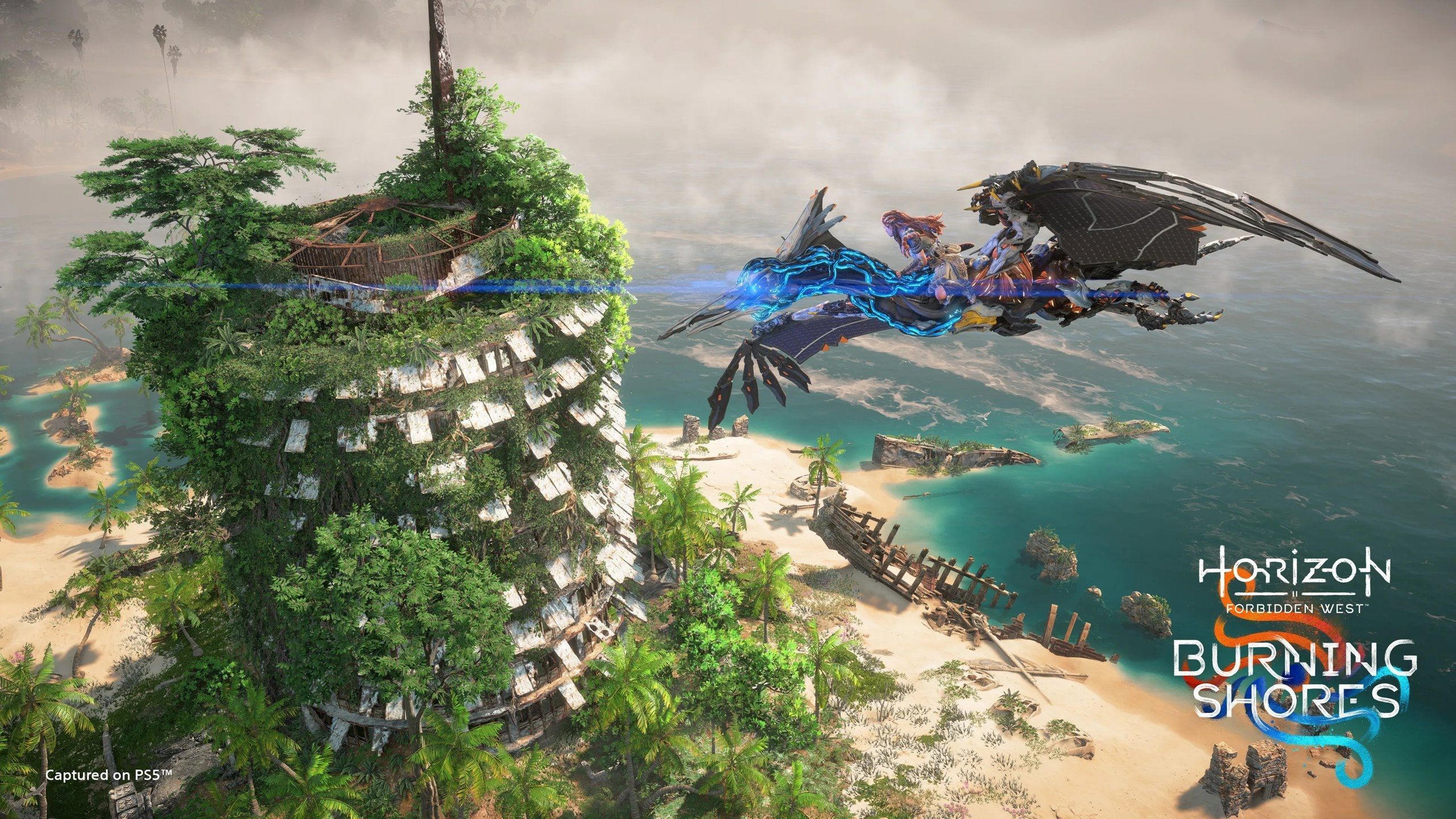 A promotional image of Horizon Forbidden West: Burning Shores showing Aloy flying on the back of a Sunwing near the ruins of what used to be Capitol Records in Los Angeles..