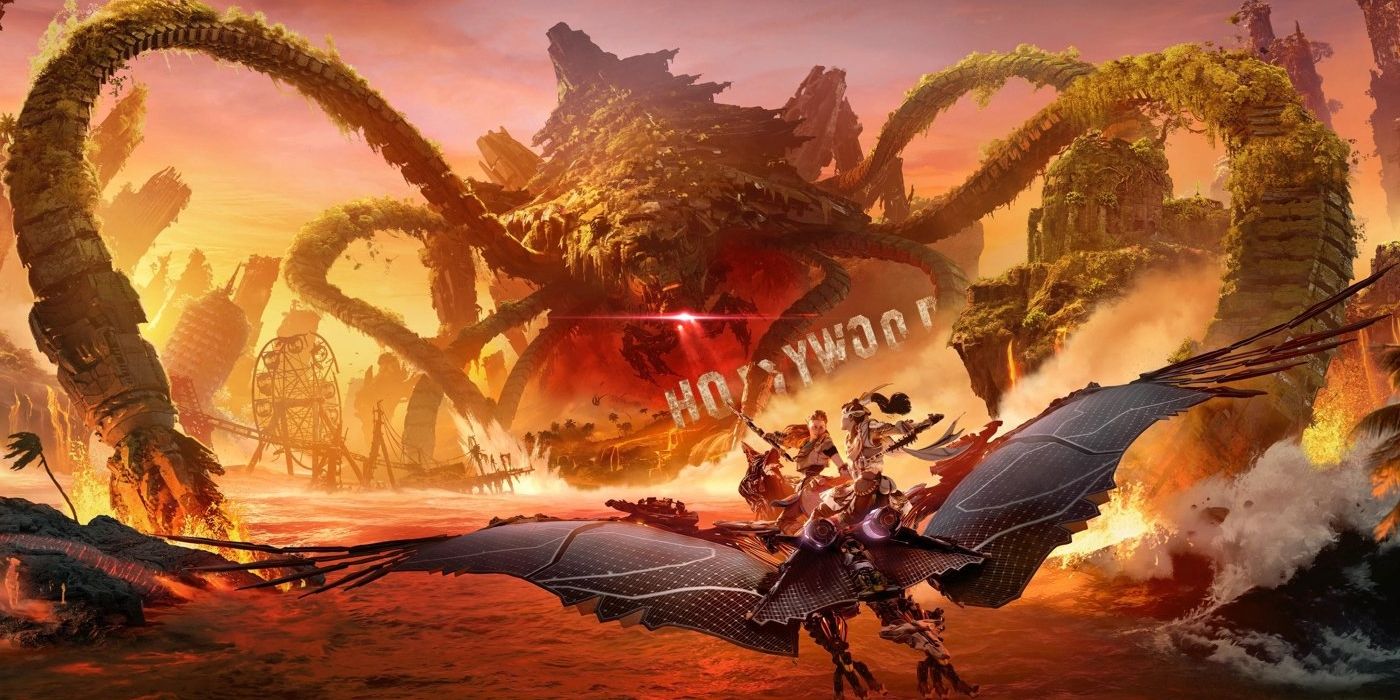 Horizon Forbidden West: Burning Shores's key art, showing Aloy and a certain NPC flying on the back of a Sunwing toward a giant machine, which seems to be devouring the Hollywood sign.