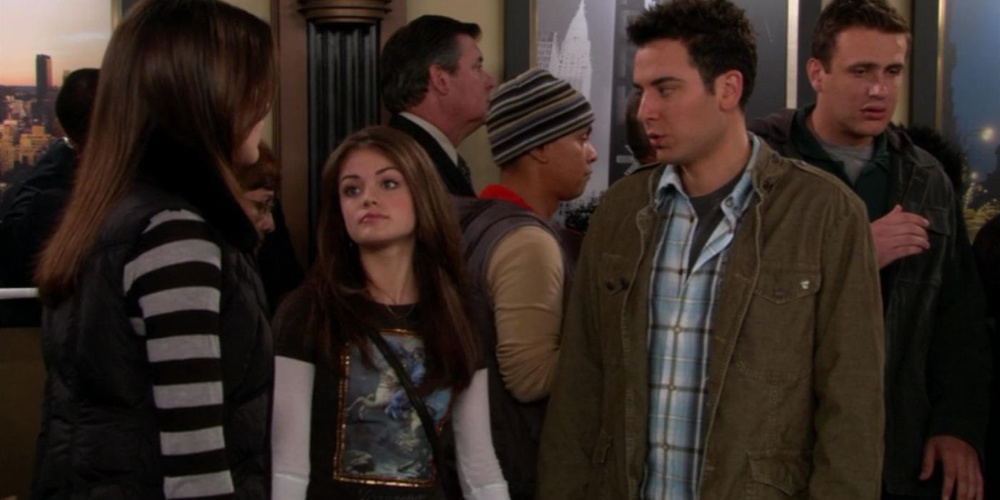 Robin, Katie and Ted looking tired and serious in a crowd in HIMYM
