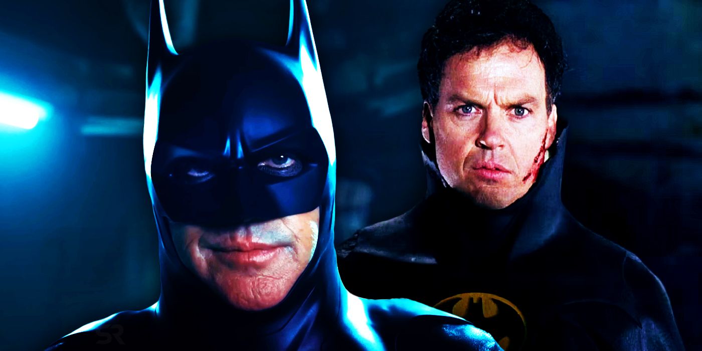 Imagen dividida de Michael Keaton como Batman en el tráiler de Flash;  Michael Keaton desenmascarado como Batman en Batman Returns