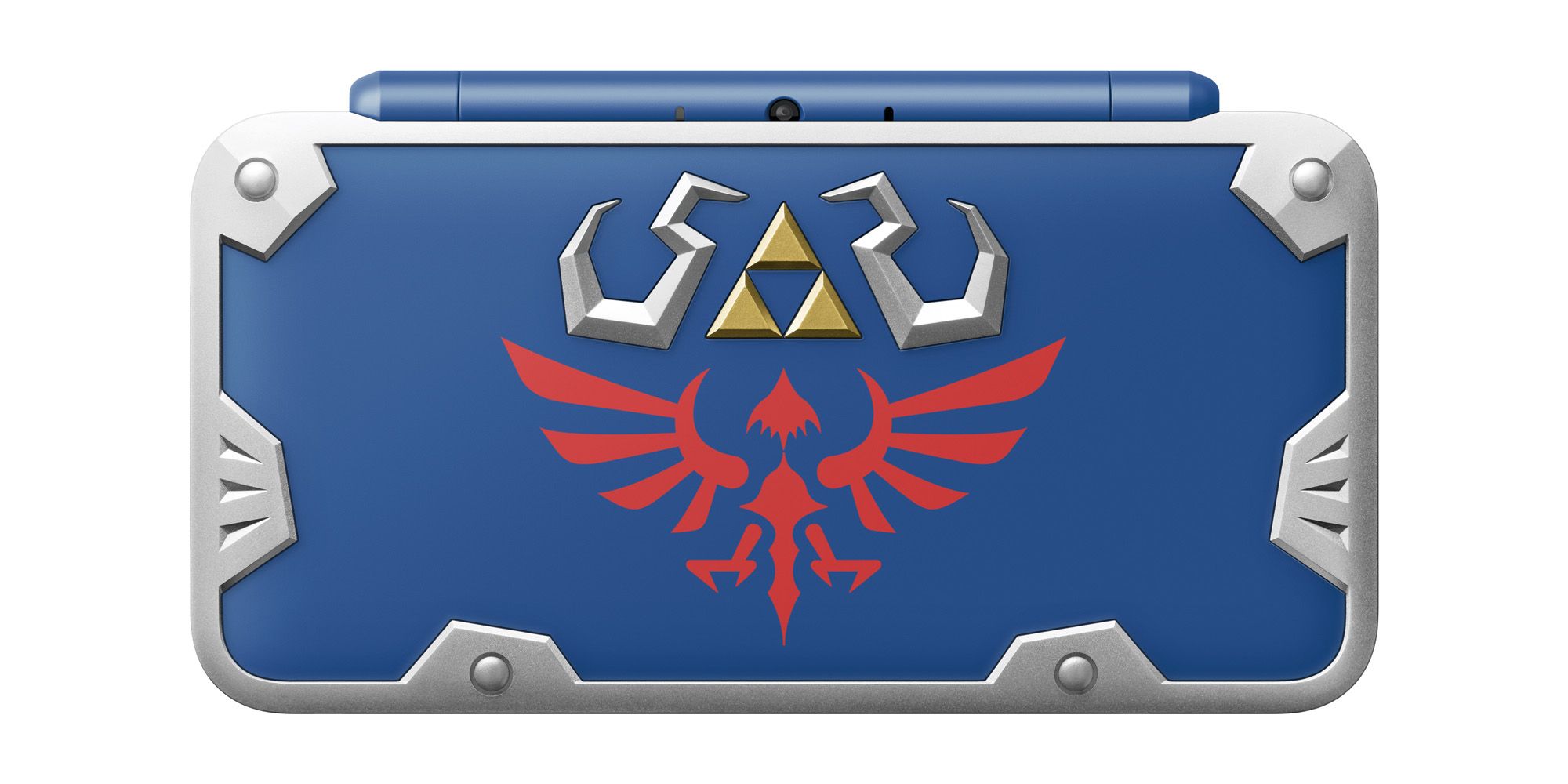 Blue 2DS XL designed after the Zelda Hylian Shield with a silver border, Hylian Crest, and Triforce.