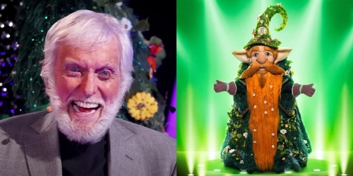 Dick Van Dyke as Gnome on The Masked Singer side by side images in and out of costume