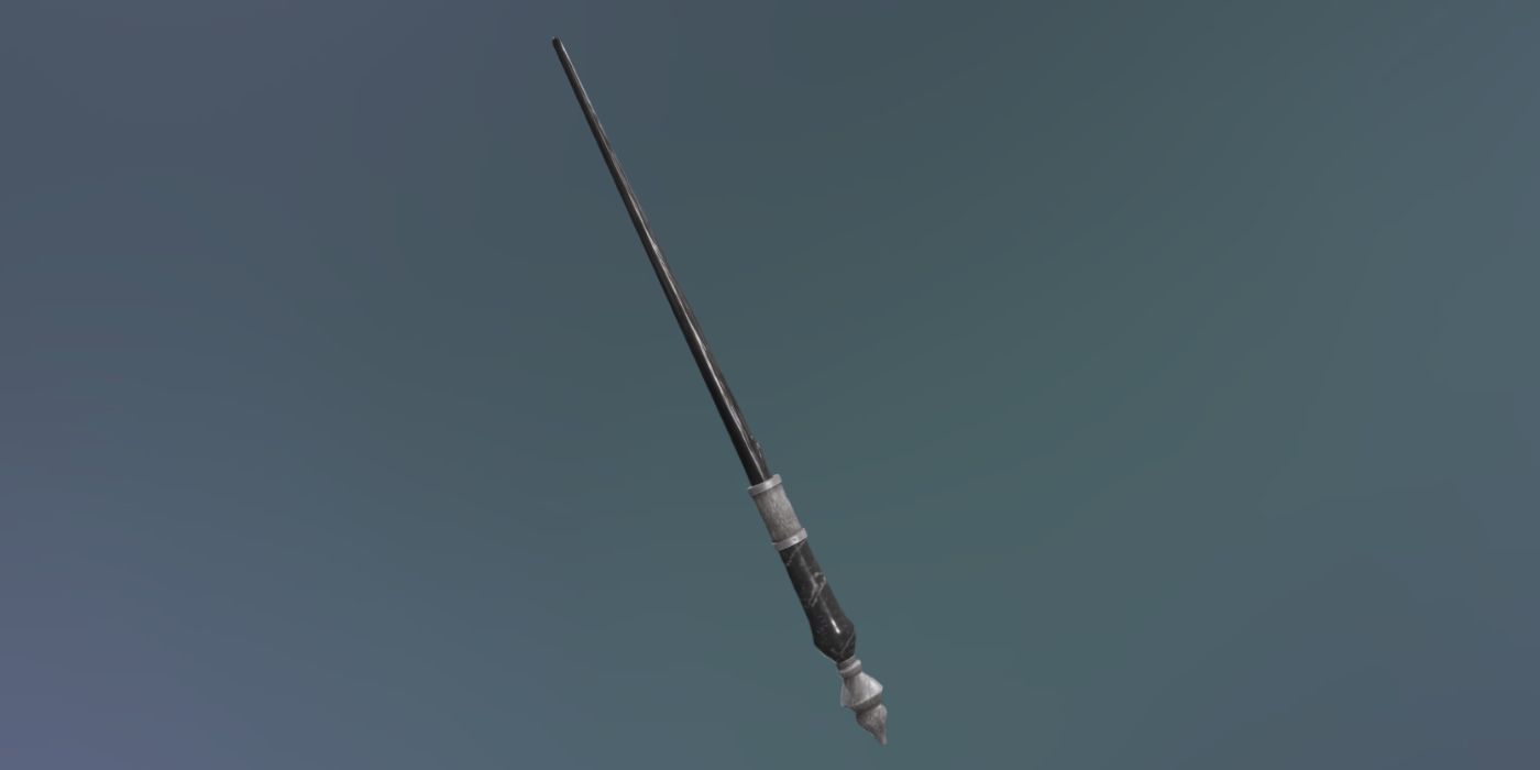 A render of the Imperial Grey And Silver Wand Handle on a black wand in Hogwarts Legacy.