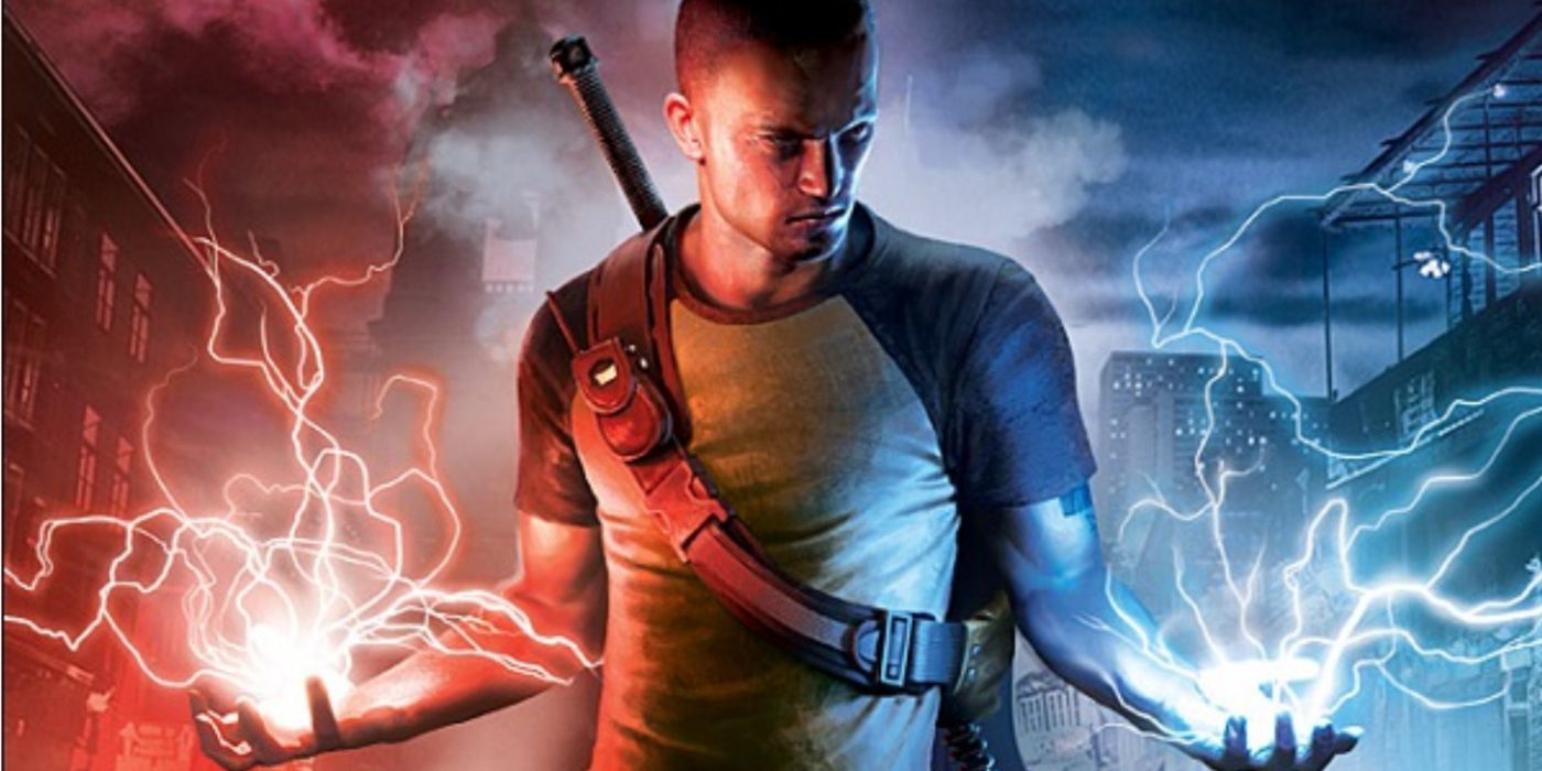 Arte promocional de Infamous 2 com o protagonista empunhando raios vermelhos e azuis.