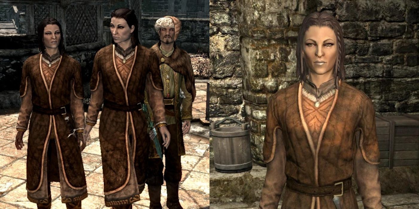 An image of Ingun Black Briar with her family in Riften on the left and a close-up shot on Ingun on the right.