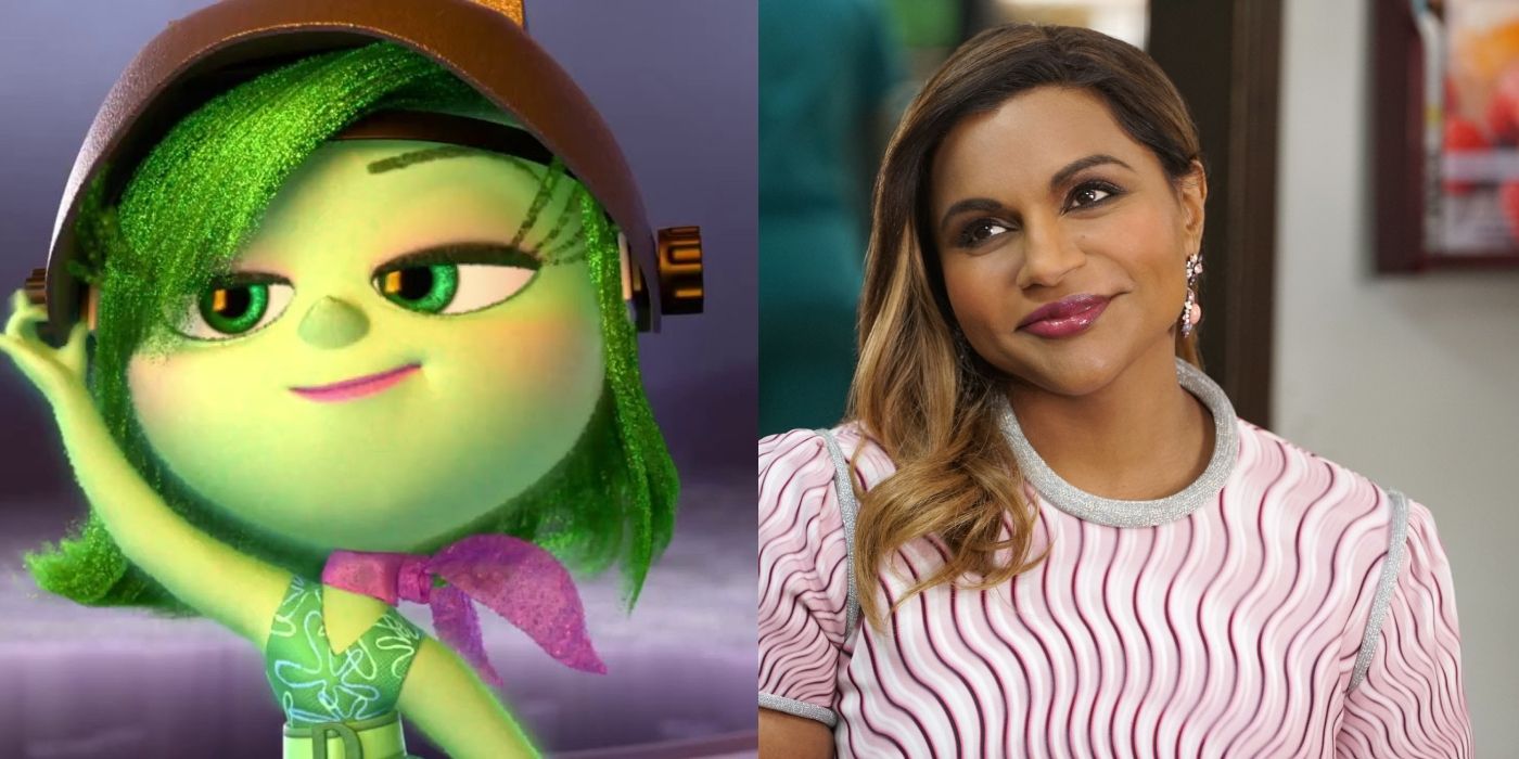 Split image of Disgust in Inside Out and Mindy Kaling on The Mindy Project