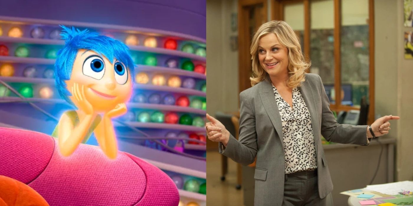 Split image of Joy in Inside Out and Leslie in Parks And Recreation