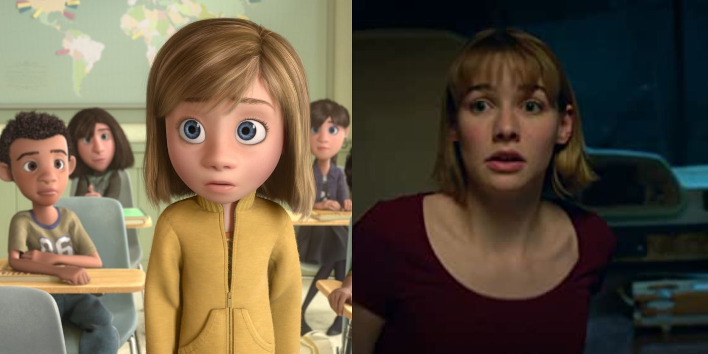 Split image of Riley in Inside Out and Kaitlyn Dias looking scared in In The Forest
